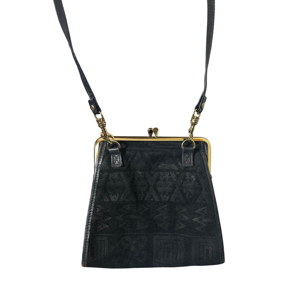 Vintage Rolfs Black Suede Geometric Embossed Lock Crossbody Clutch Bag *Read